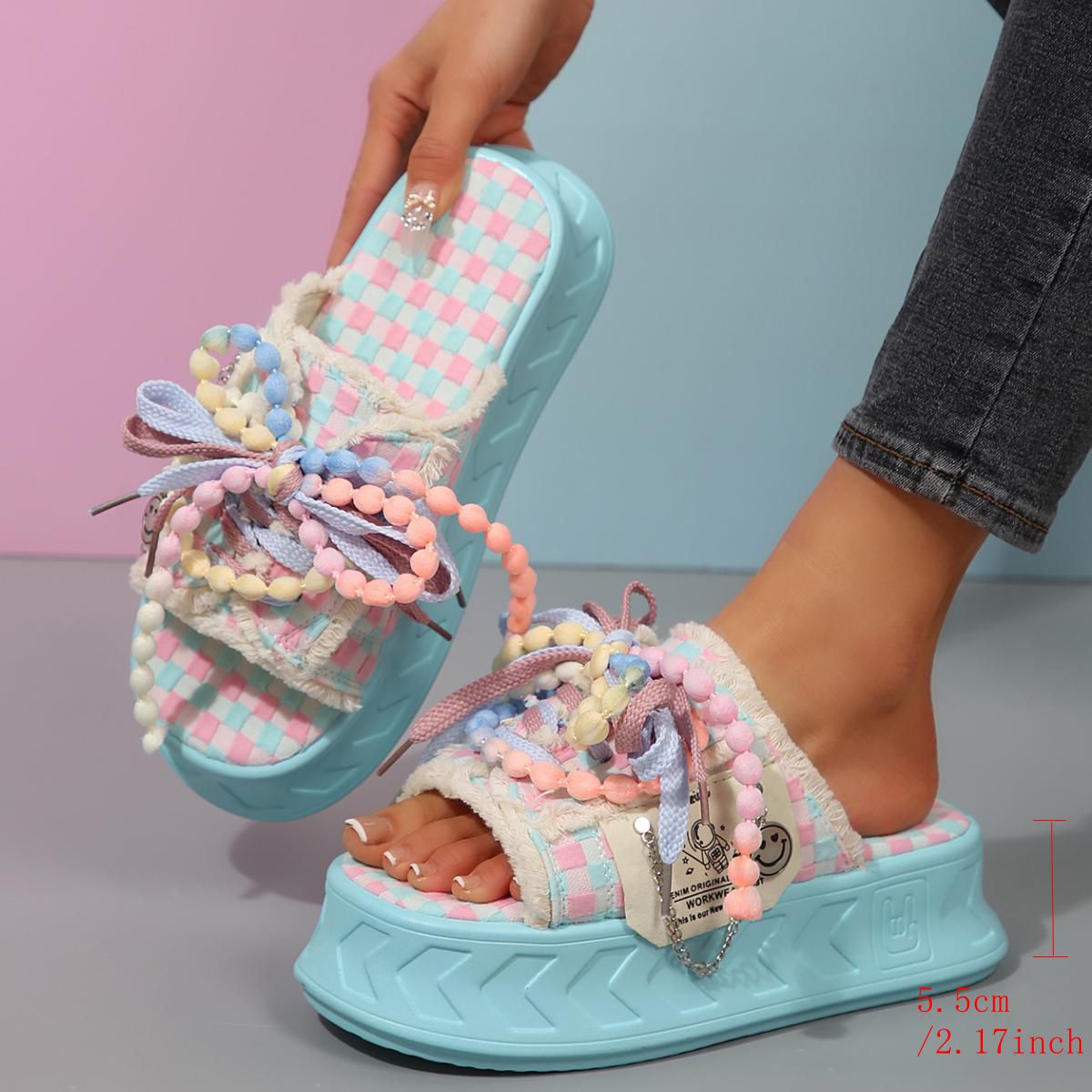 Women's Stylish Light Blue Platform Sandals with & Bow Accents - Thick Sole, Open Toe, Fabric Upper, Summer Fashion Shoes for Casual or Outdoor Wear, Versatile Slippers | Trendy Platform Sandals | Fabric Upper Sandals, Ladies